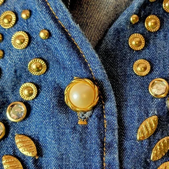 Vintage 90s Denim Midi Dress Women Medium Teacher Embellished Rhinestone 8 10 M - Picture 7 of 16